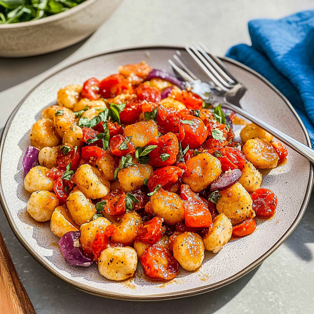 Recipe preparation for Crispy Gnocchi with Cherry Tomato Sauce