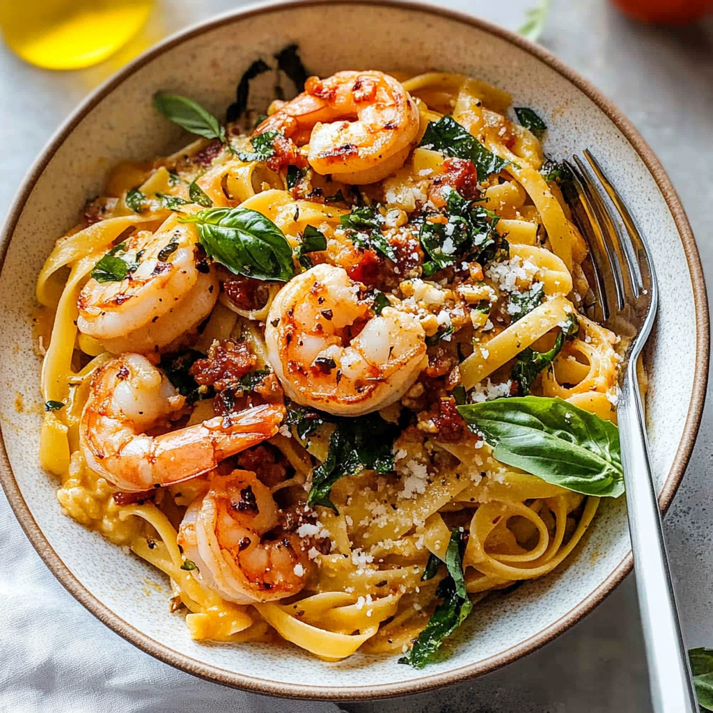 Recipe preparation for Creamy Sun-Dried Tomato & Shrimp Pasta