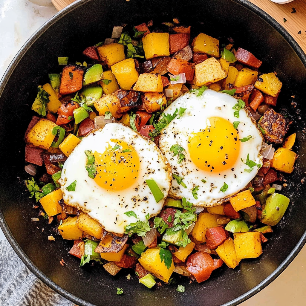 Recipe preparation for Sweet Potato Hash with Eggs