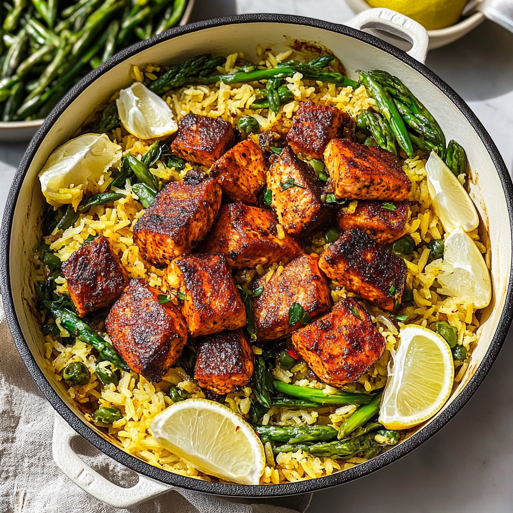 Recipe preparation for Sumac Salmon with Golden Rice