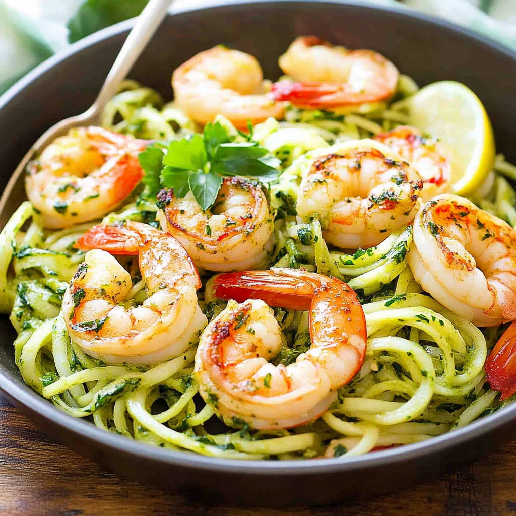 Recipe preparation for Quick Pesto Shrimp & Zoodle Toss