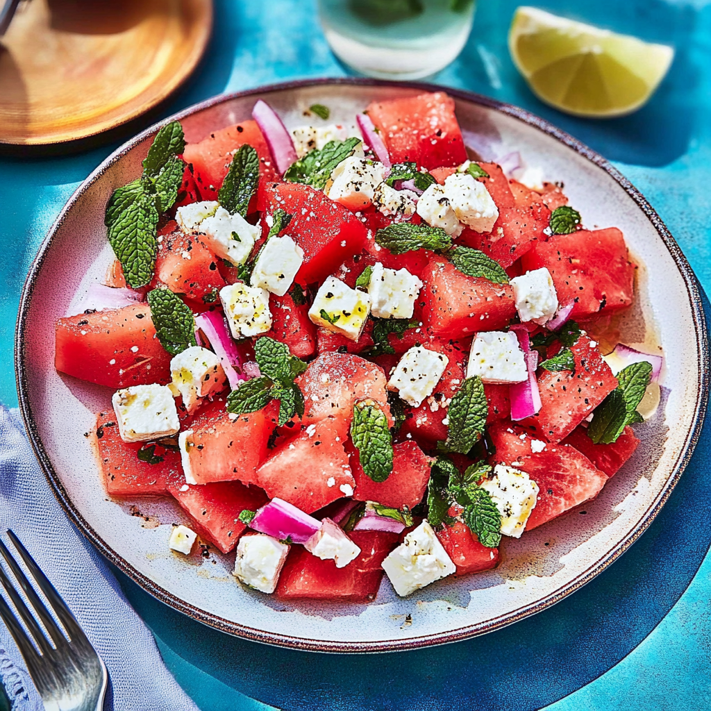 Recipe preparation for Watermelon Feta Mint Salad