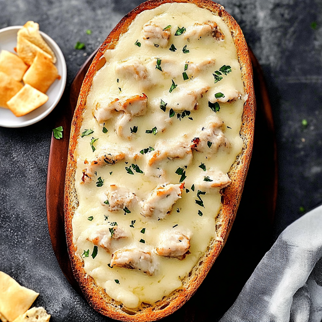 Recipe preparation for Creamy Chicken Alfredo Garlic Bread