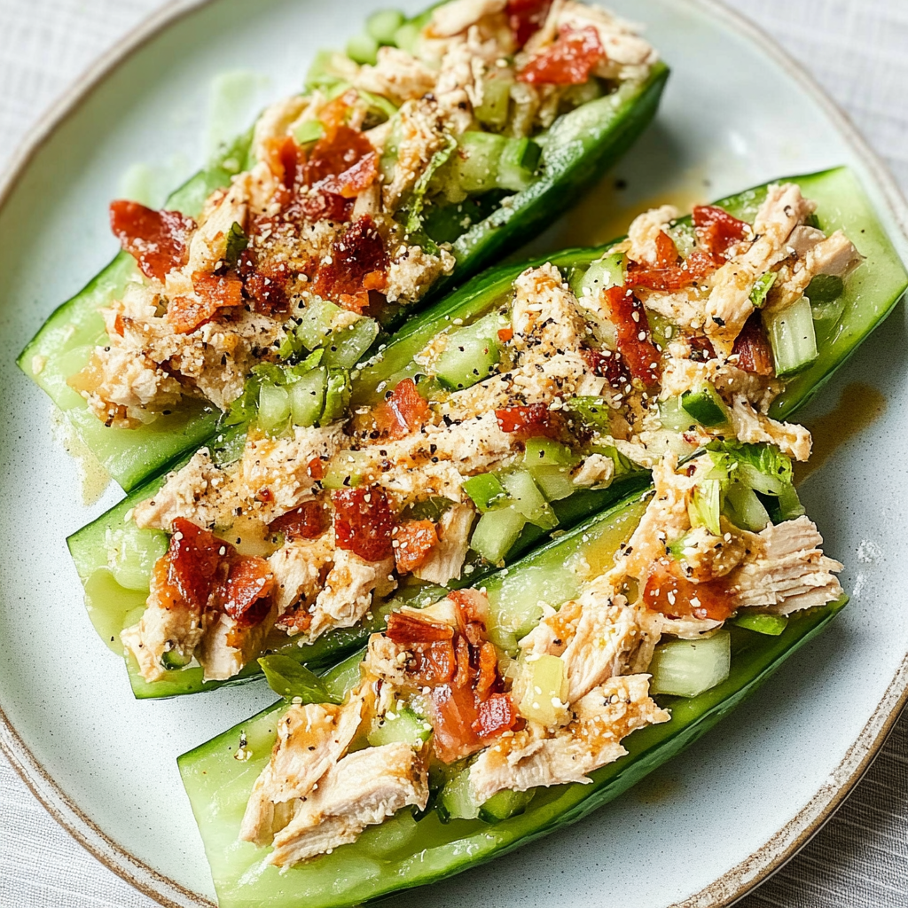 Recipe preparation for Bacon Ranch Chicken Salad Cucumber Boats