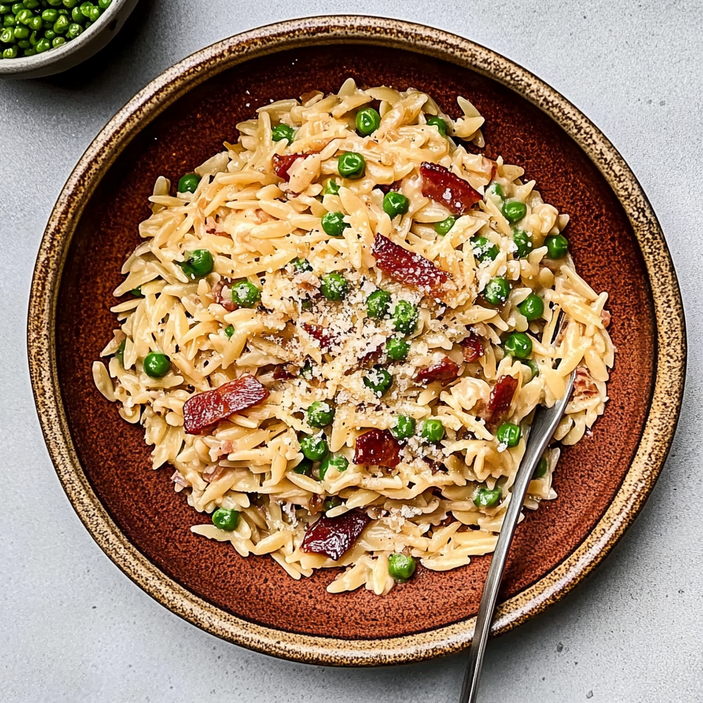 Recipe preparation for Bacon Pea Creamy Orzo