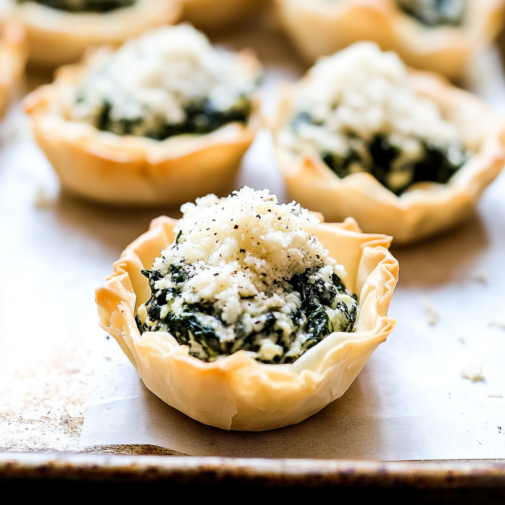 Recipe preparation for Creamy Spinach & Parmesan Dip Phyllo Cups
