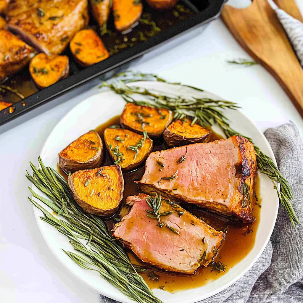 Recipe preparation for Honey Mustard Ham Steaks with Roasted Sweet Potatoes