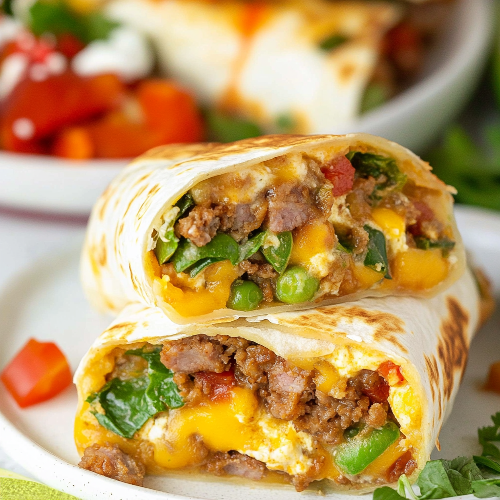 Recipe preparation for Sausage-Spinach Christmas Breakfast Burritos