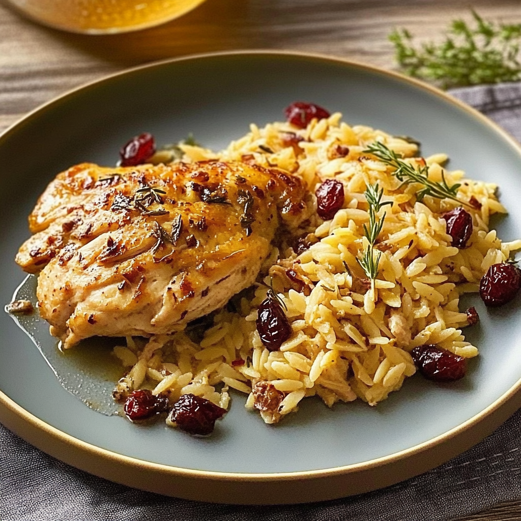 Recipe preparation for Cranberry-Rosemary Chicken Orzo Skillet