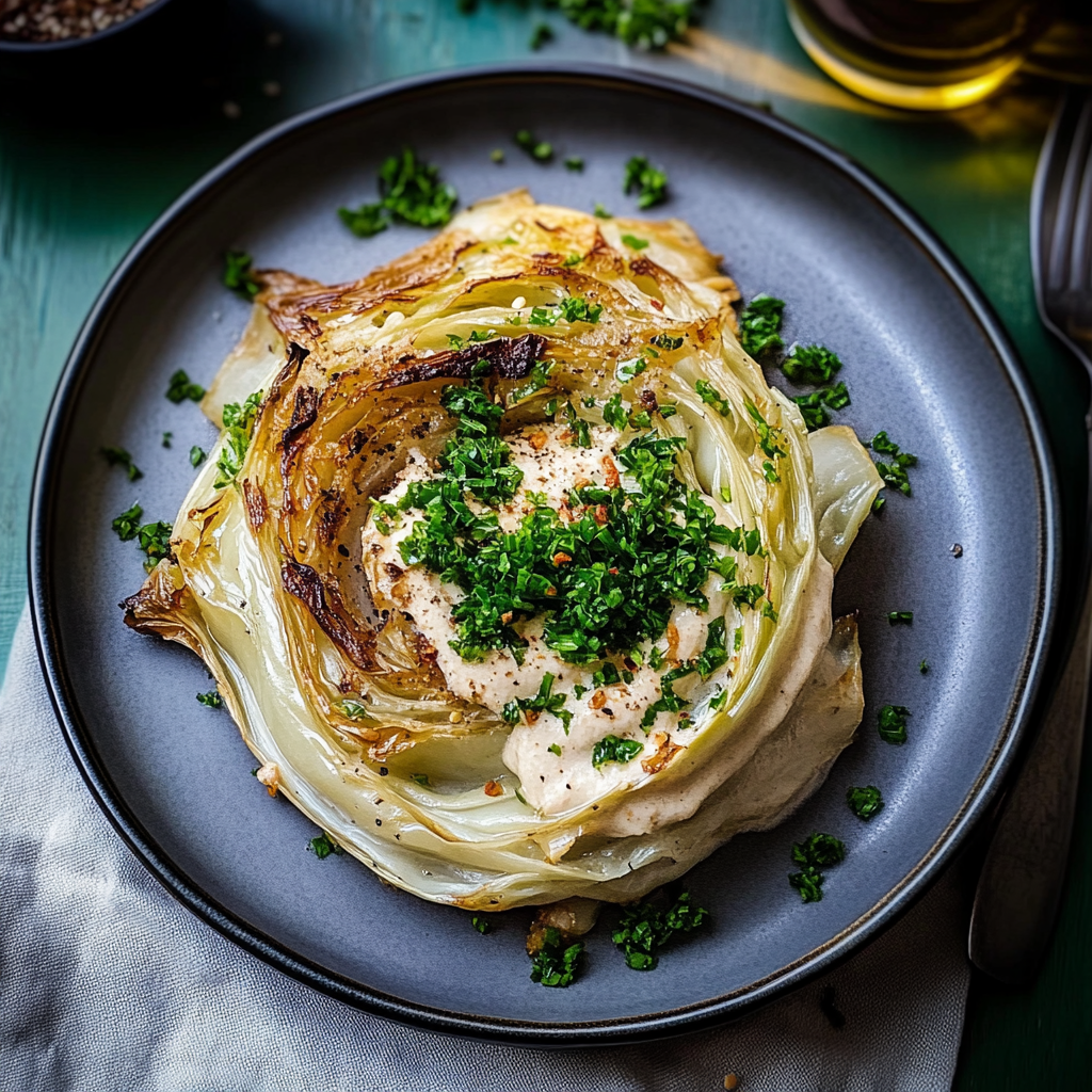 Recipe preparation for Lemon Charred Cabbage with White Bean Purée