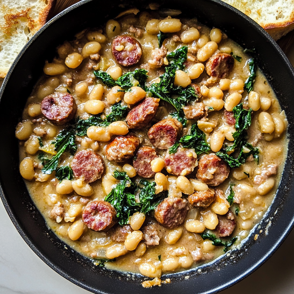Recipe preparation for One-Pan Sausage and Creamy Beans