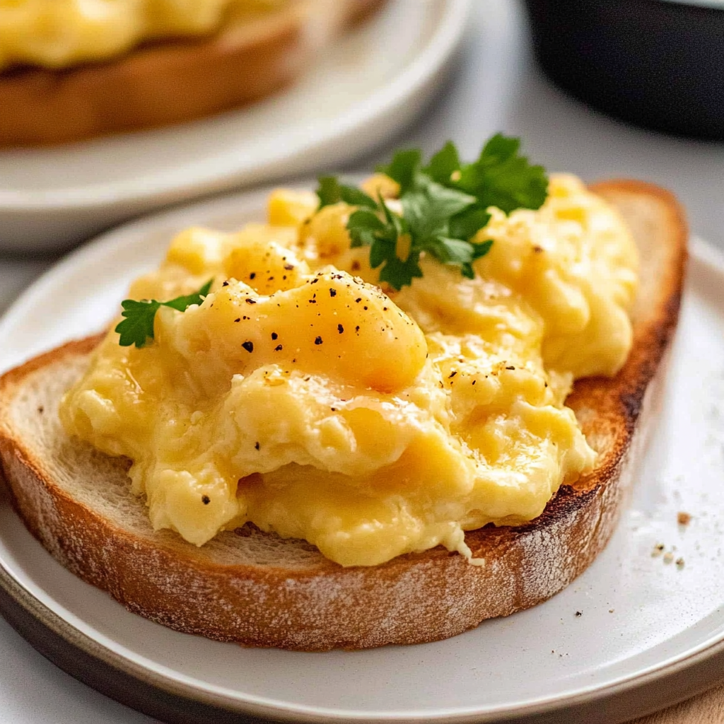 Recipe preparation for Soft Scrambled Eggs with Buttered Toast