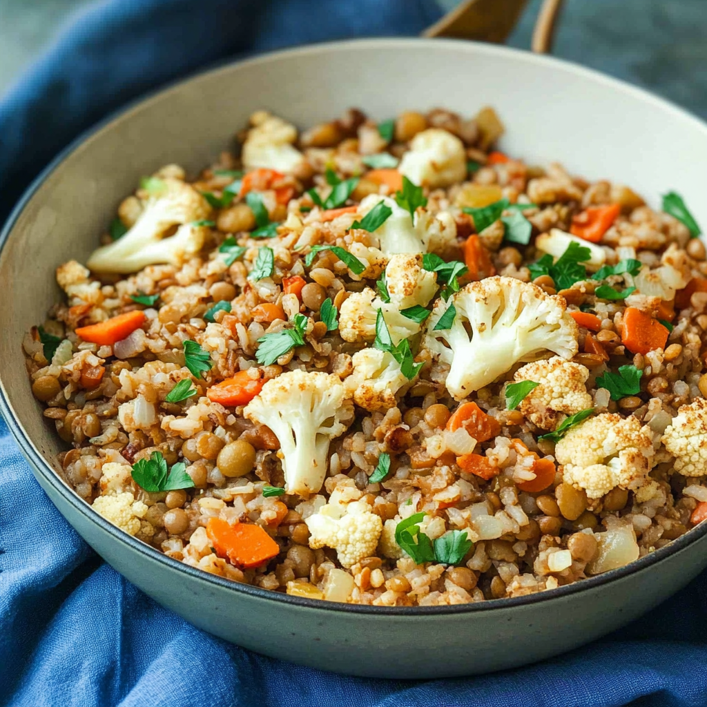 Recipe preparation for Lentil Rice Pilaf with Butter and Cauliflower