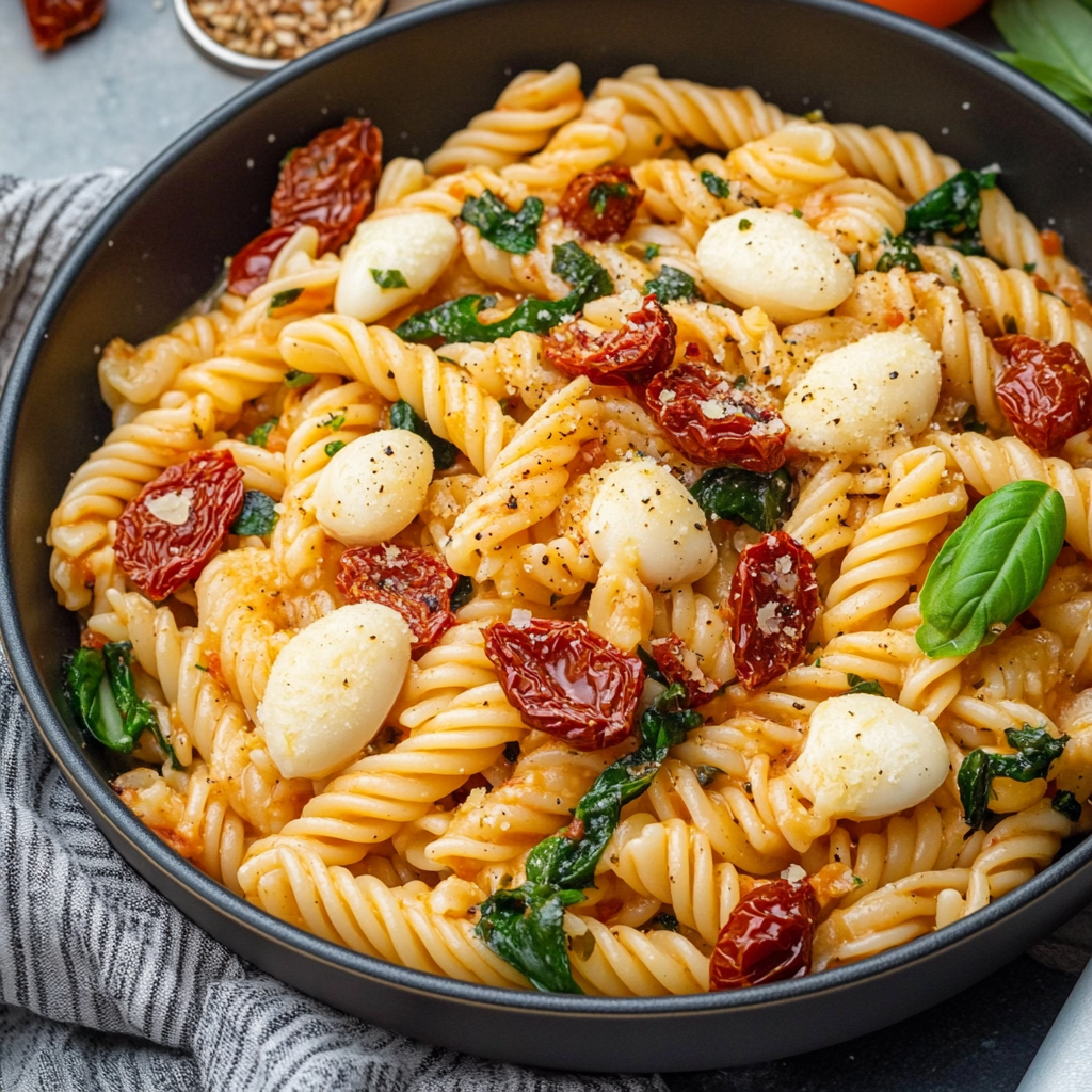 Recipe preparation for Tuscan White Bean Pasta with Sun-Dried Tomatoes