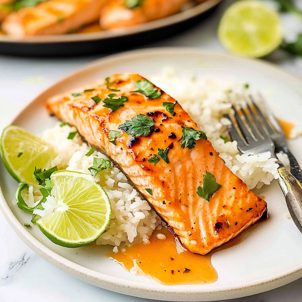 Recipe preparation for Honey Sriracha Glazed Salmon with Coconut Rice