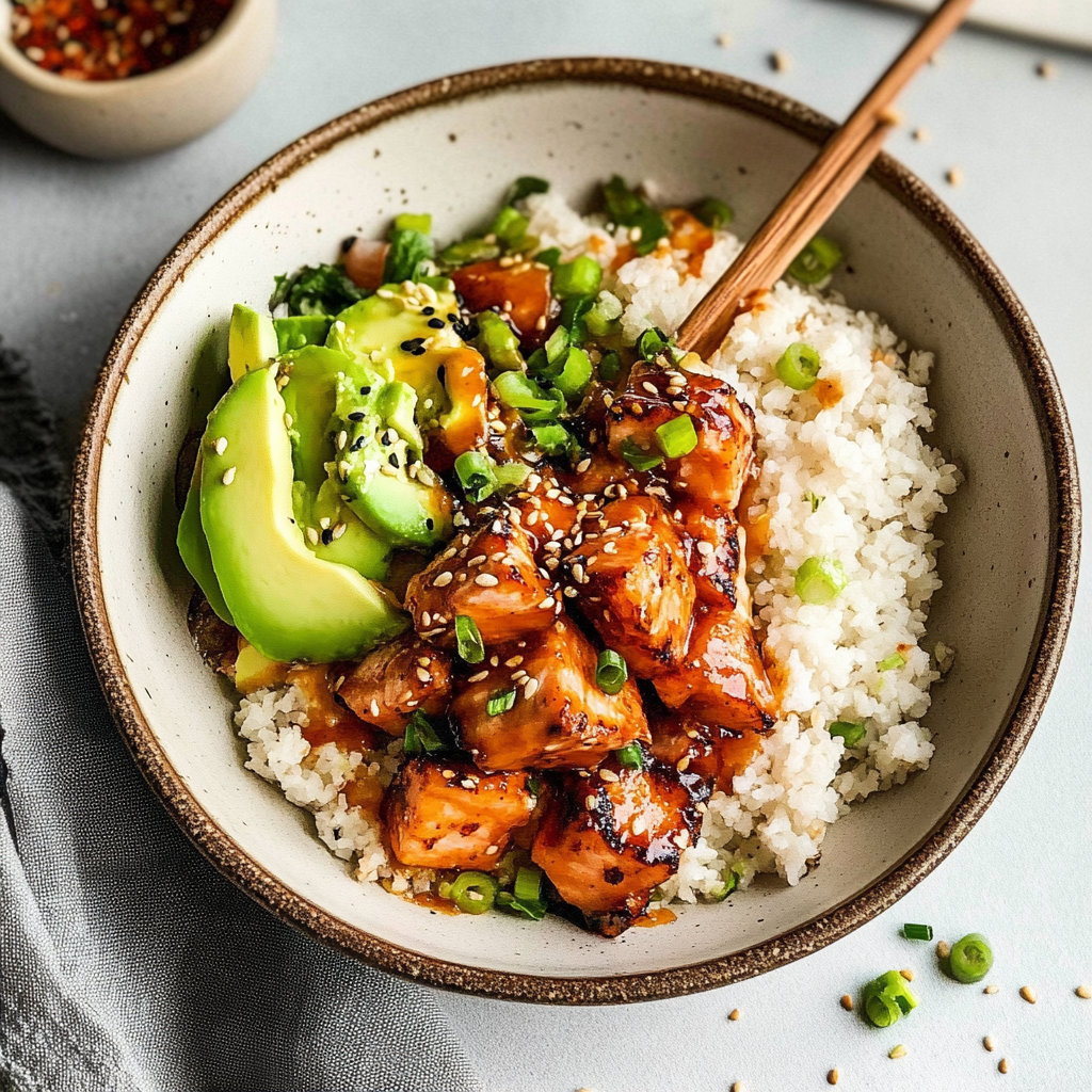Recipe preparation for Honey Sriracha Salmon Bowls