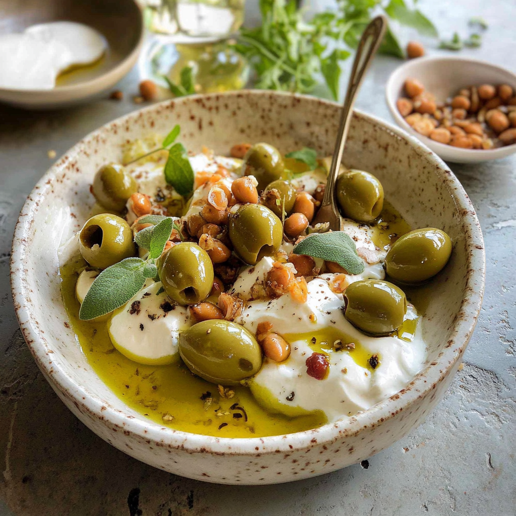 Recipe preparation for whipped cottage cheese with marinated olives