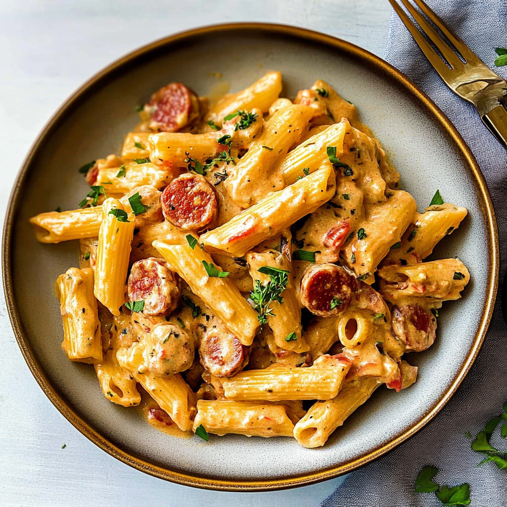 Recipe preparation for Creamy Cajun Sausage Pasta
