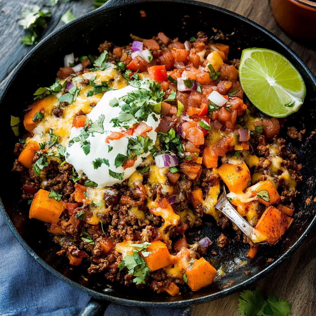 Recipe preparation for taco ground beef and sweet potato skillet