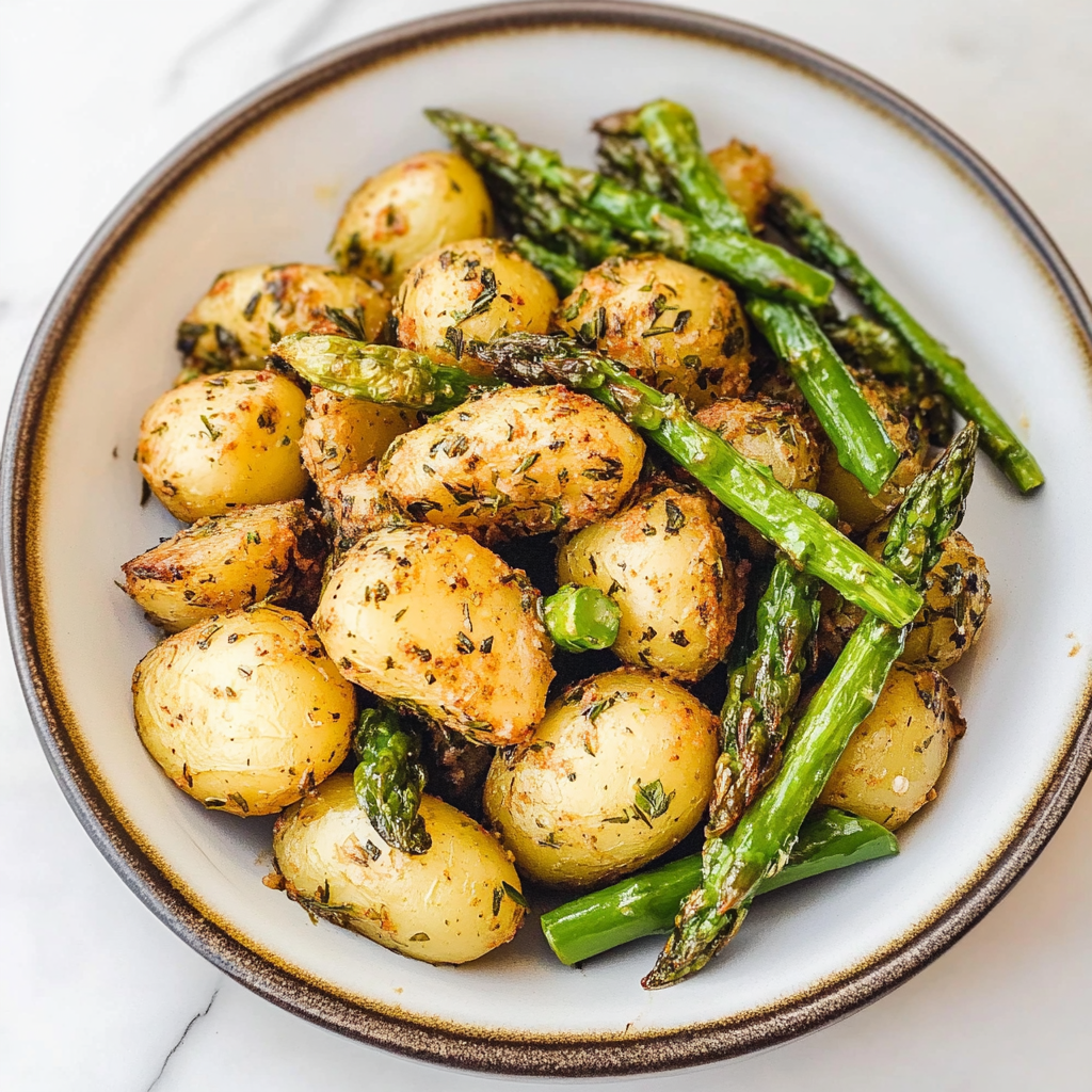 Recipe preparation for garlic potatoes & asparagus