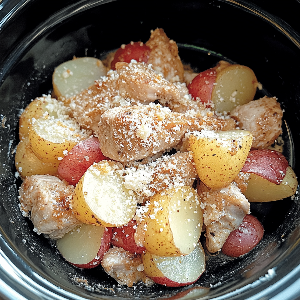 Recipe preparation for garlic parmesan crockpot chicken and potatoes