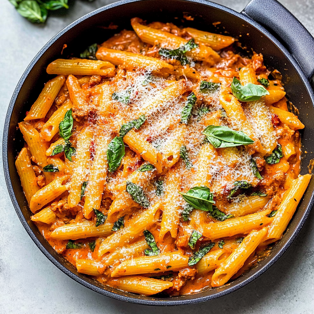 Recipe preparation for One-Pan Creamy Tomato Beef Penne