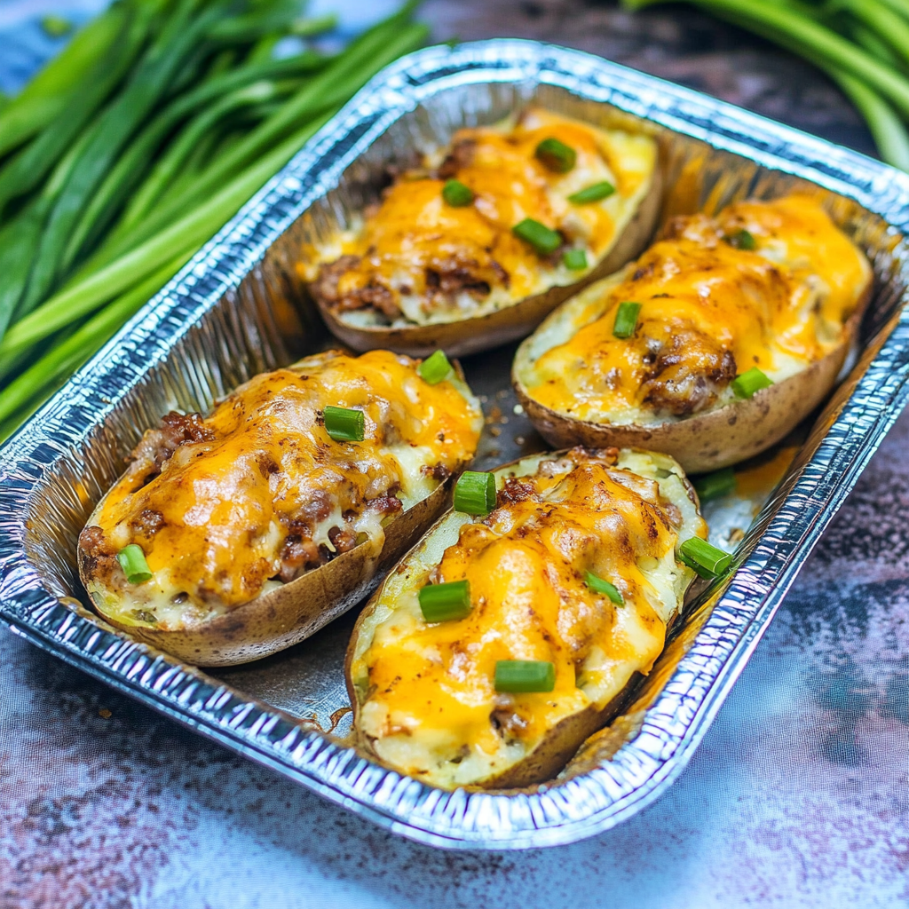 Recipe preparation for Smoky Beef & Herb Stuffed Potato Boats
