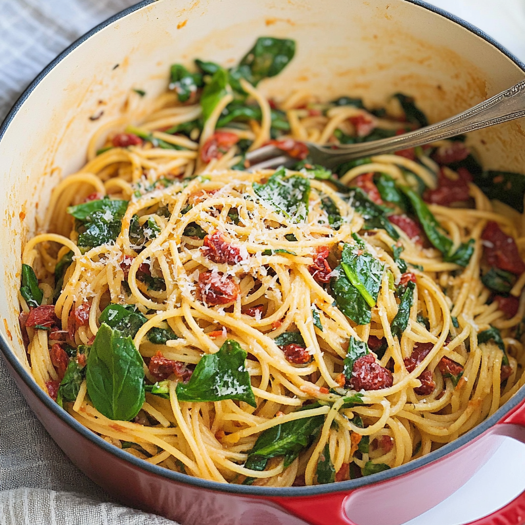 Recipe preparation for 20-Minute Pasta with Sun-Dried Tomatoes and Spinach