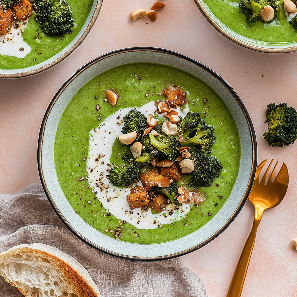 Recipe preparation for Green Broccoli Spinach and Pea Soup