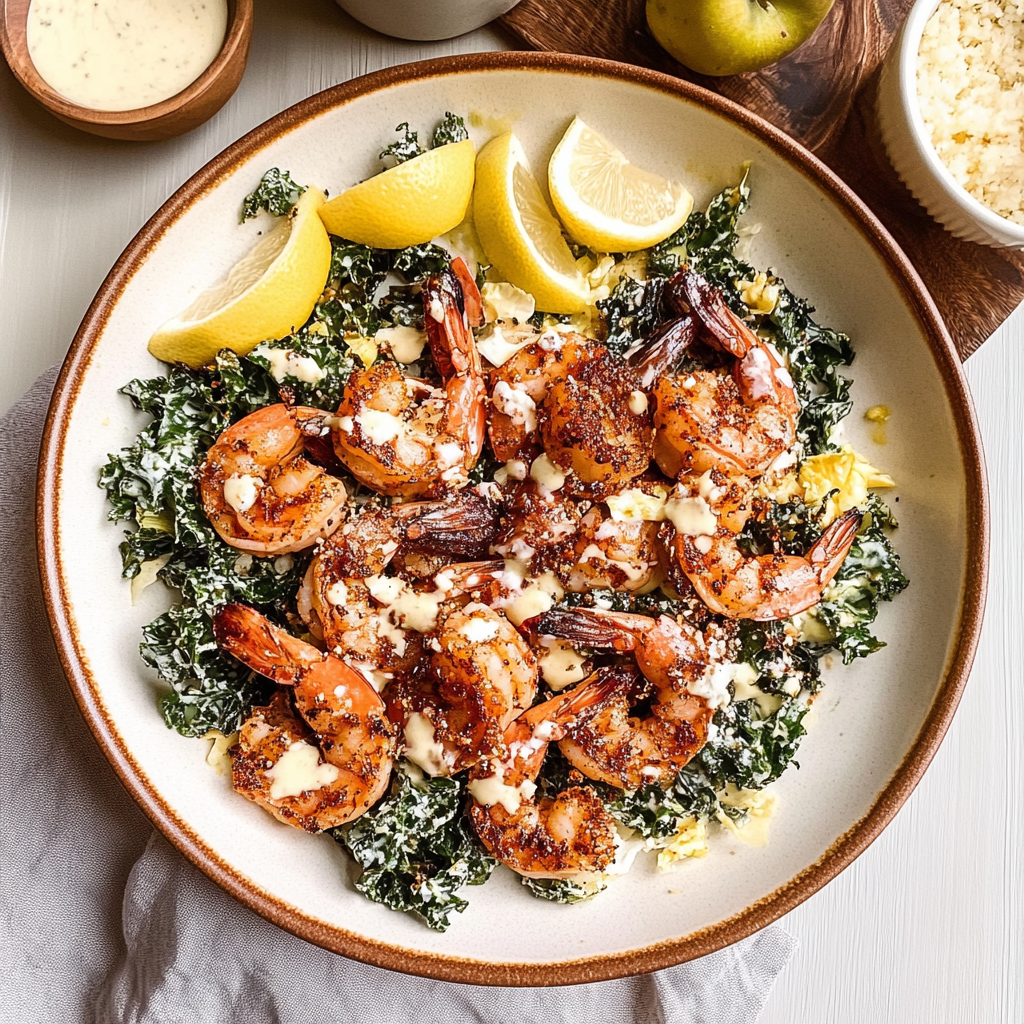 Recipe preparation for blackened shrimp tuscan kale & shaved apple caesar salad