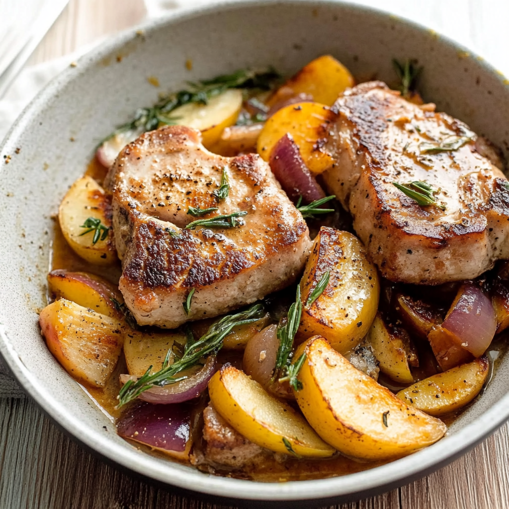 Recipe preparation for pork chops with apples and onions