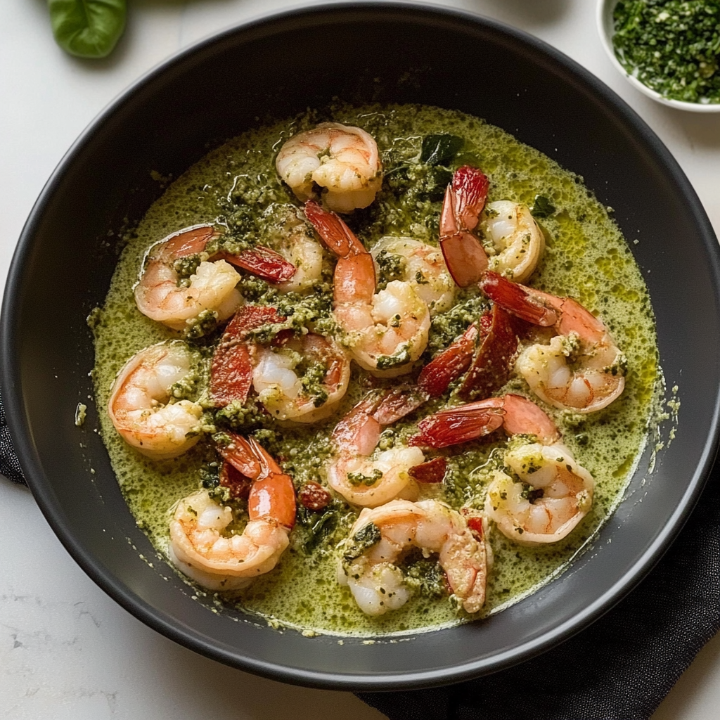 Recipe preparation for creamy pesto shrimp