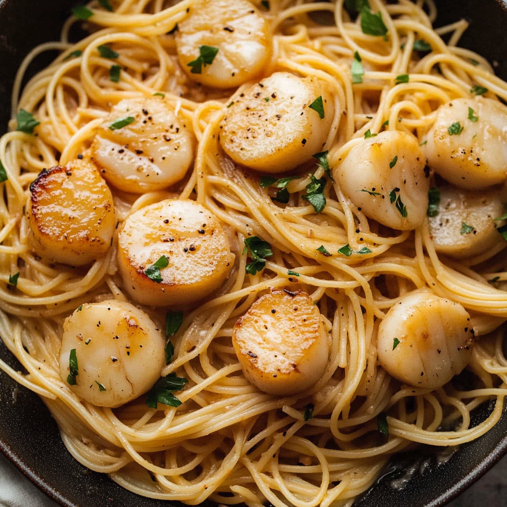 Recipe preparation for quick scallops with pasta