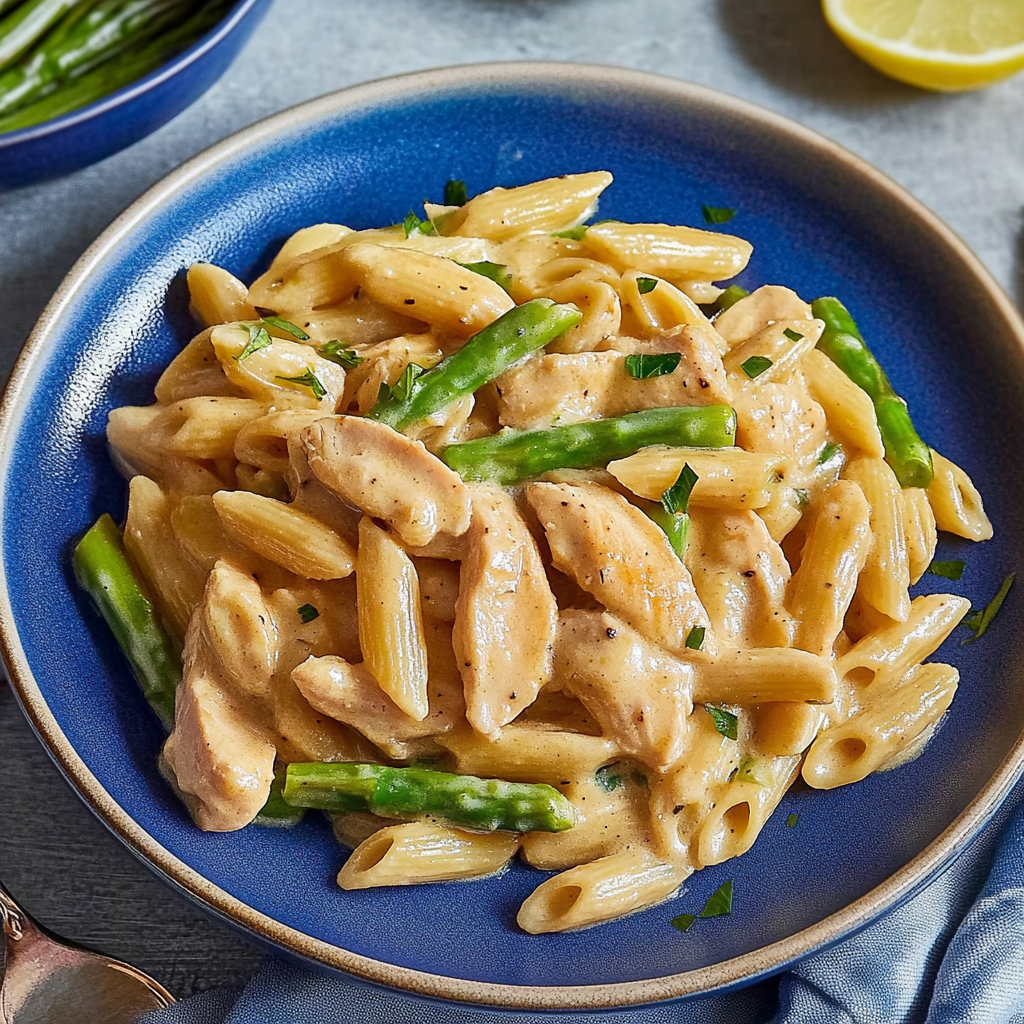 Recipe preparation for Creamy Chicken Asparagus Pasta