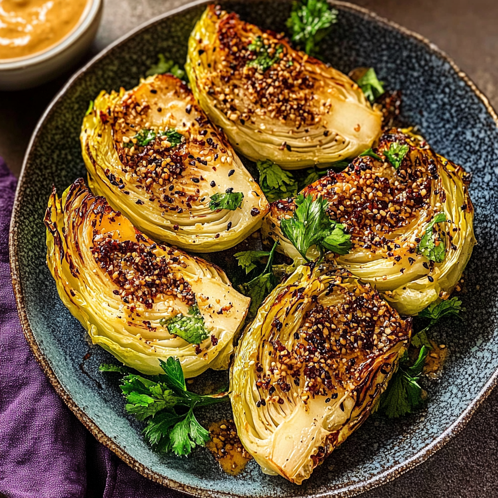 Recipe preparation for miso butter roasted cabbage wedges