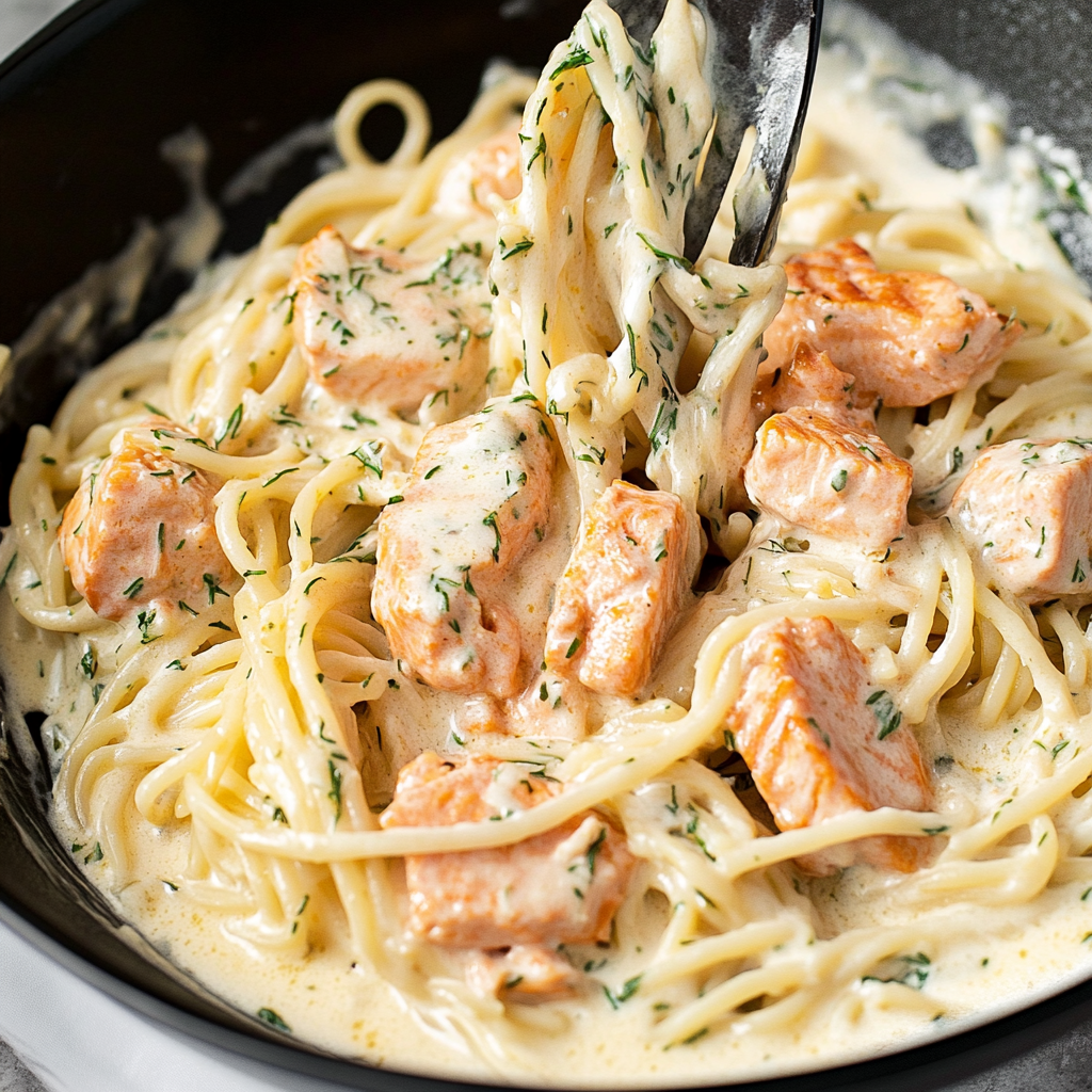 Recipe preparation for lemon dill salmon pasta