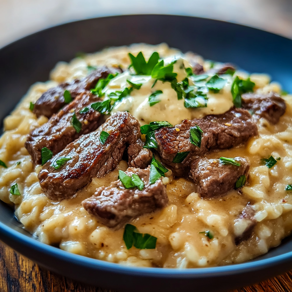 Recipe preparation for creamy queso rice with juicy steak strips