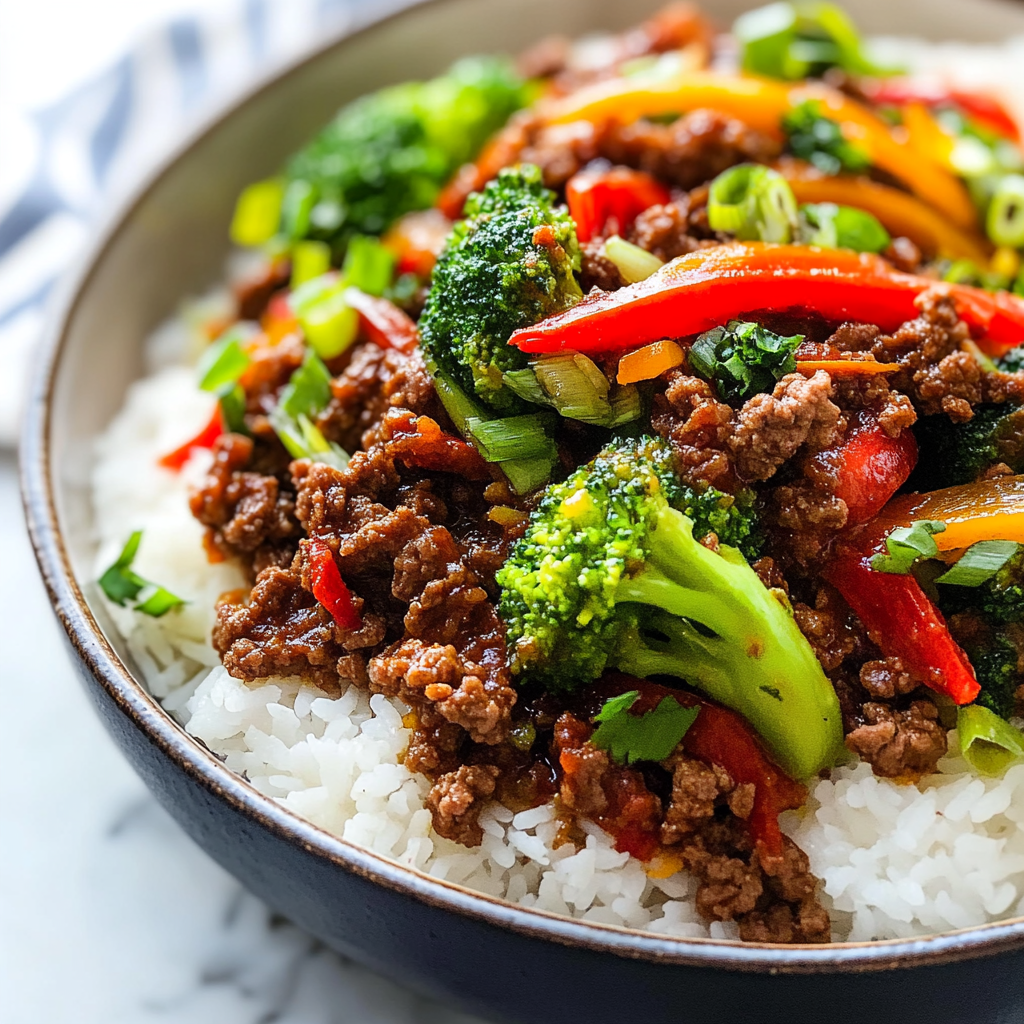 Recipe preparation for spicy ground beef stir-fry bowl with garlic veggies & steamy rice