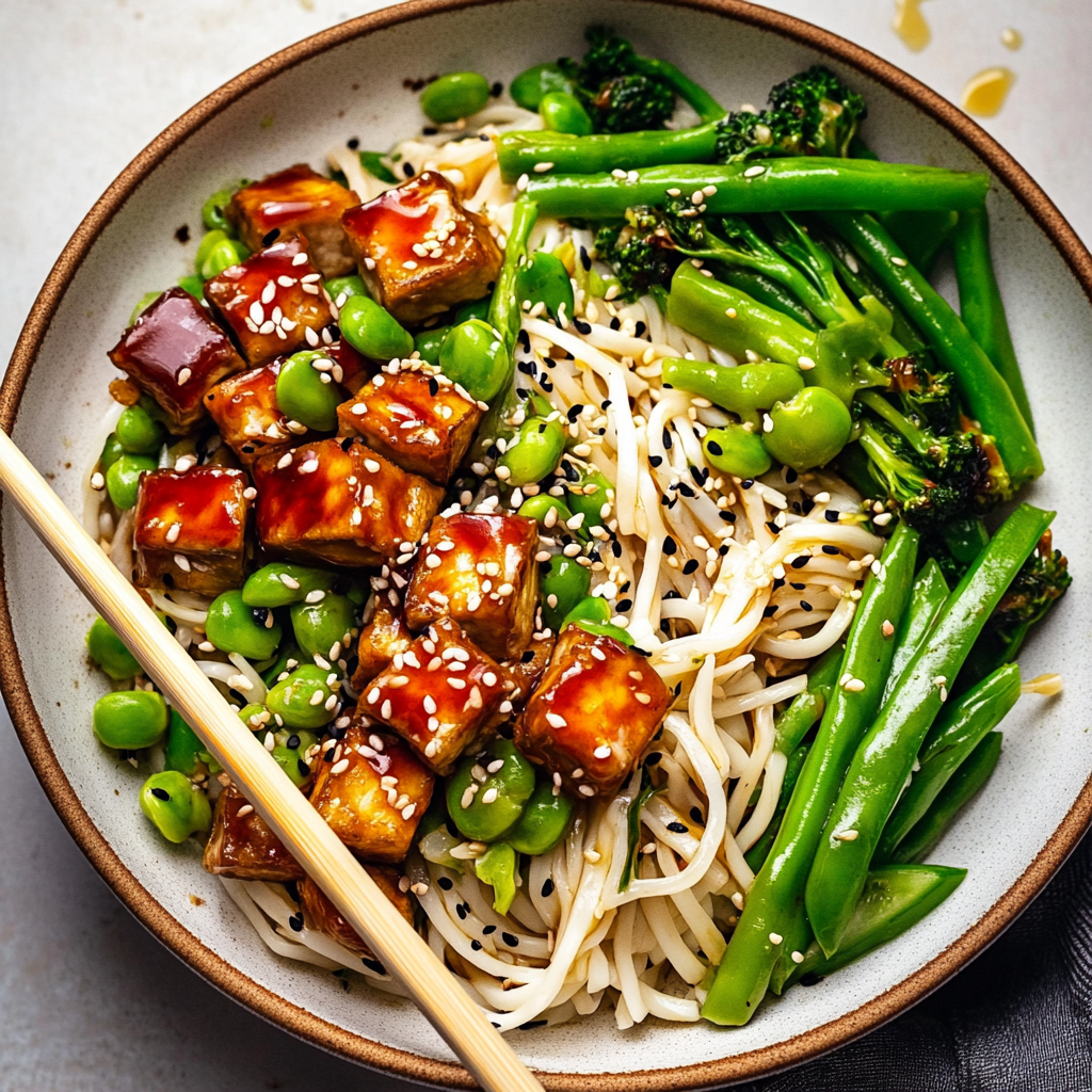Recipe preparation for teriyaki tofu & rice noodle salad