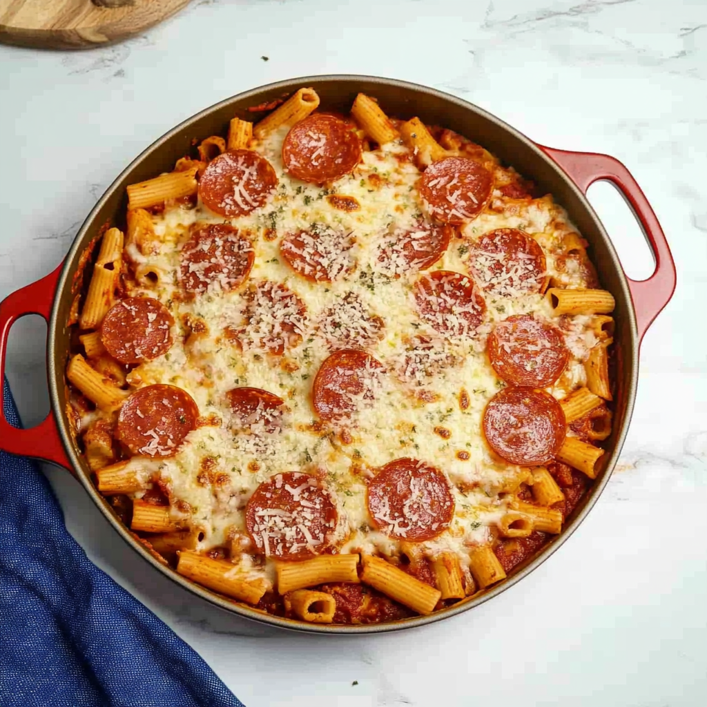 Recipe preparation for one pan pizza baked ziti