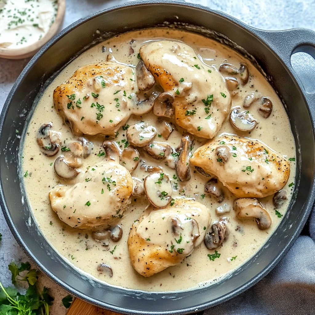 Recipe preparation for creamy mushroom chicken