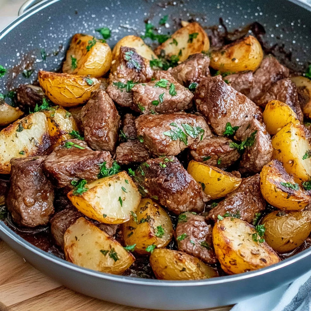 Recipe preparation for Garlic Butter Steak Bites with Crispy Potatoes​