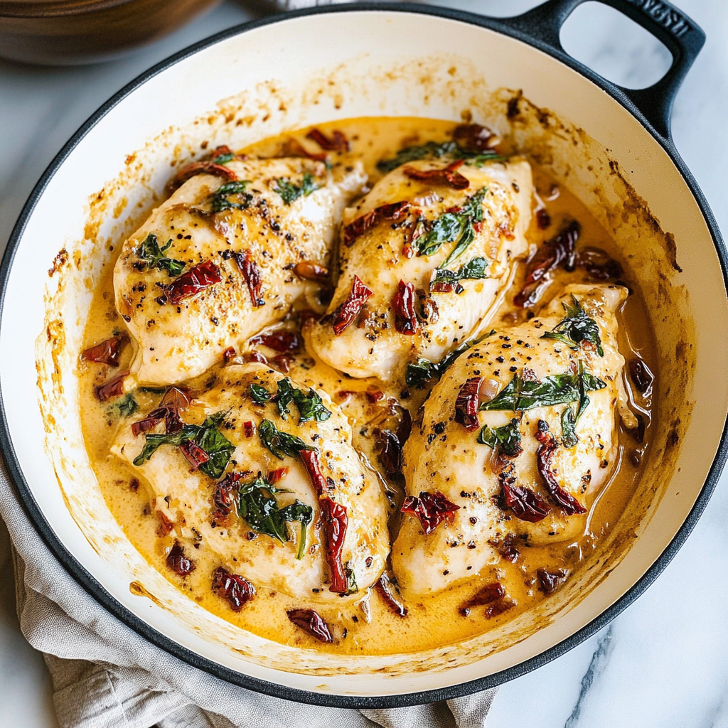Recipe preparation for Creamy Tuscan Garlic Chicken Skillet​