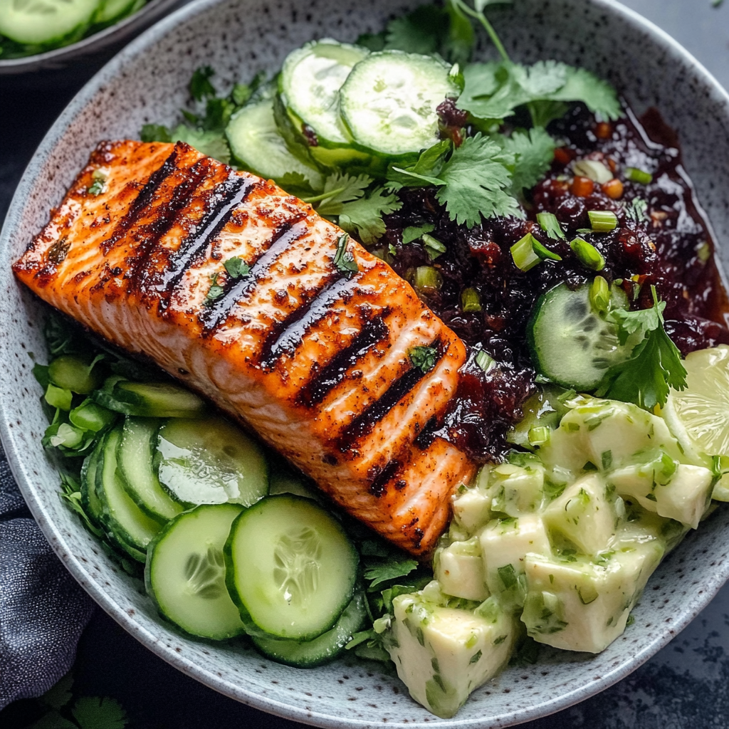 Recipe preparation for Lemon Dill Grilled Salmon with Cucumber Salad