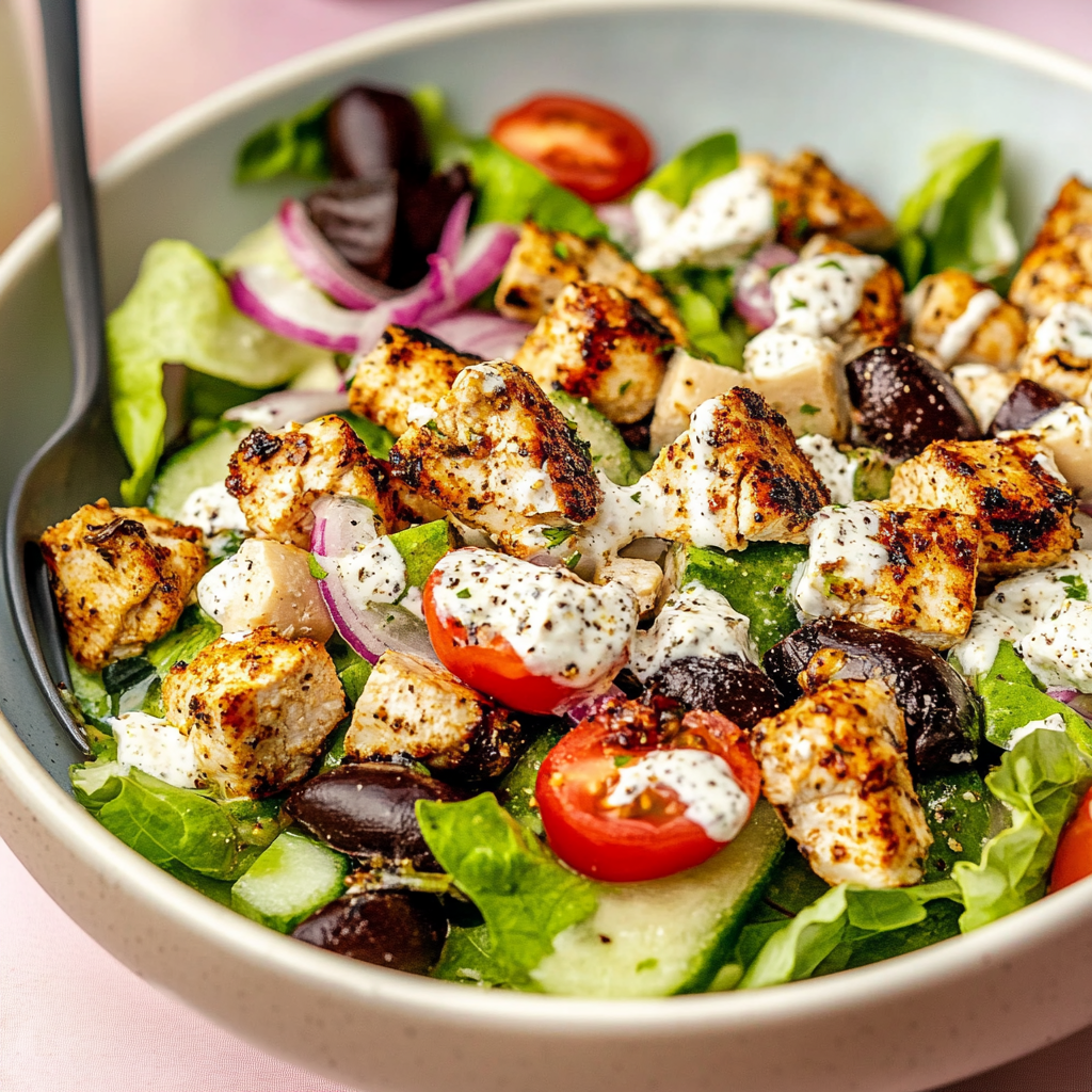 Recipe preparation for greek chicken salad with lemon herb dressing