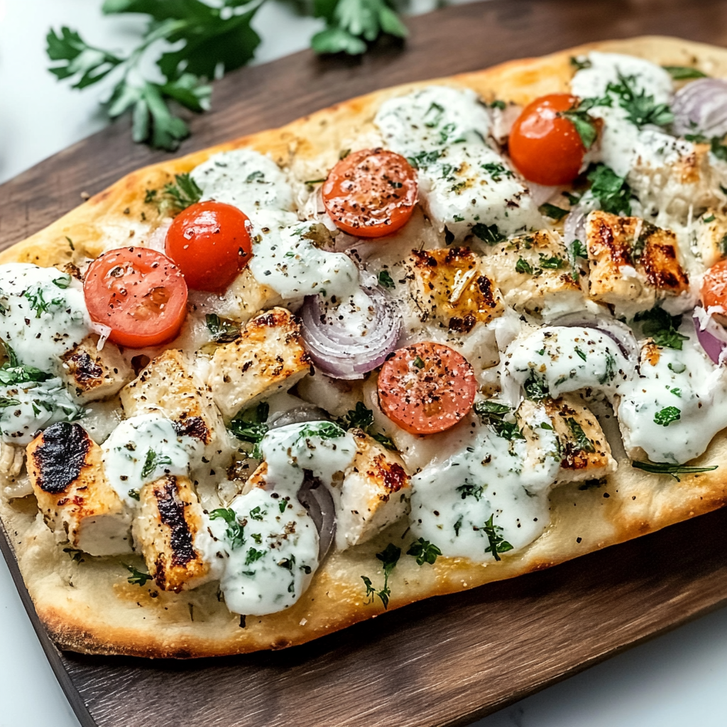 Recipe preparation for greek chicken flatbread