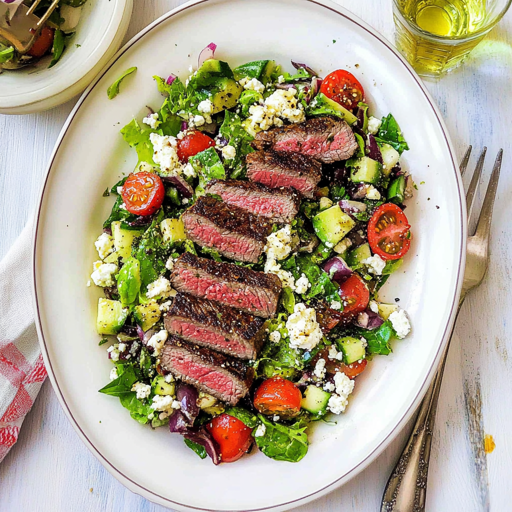 Recipe preparation for greek salad with steak