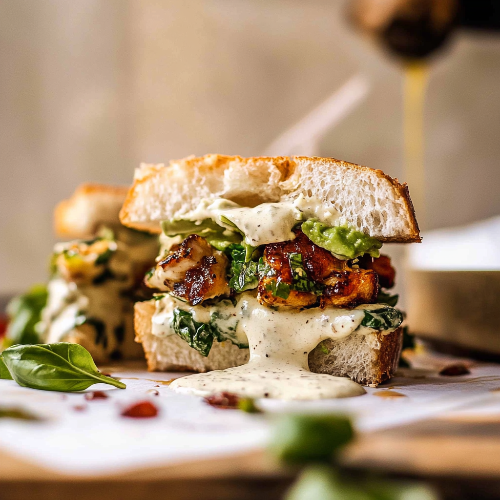 Recipe preparation for honey mustard chicken avocado sandwich with tahini ranch.