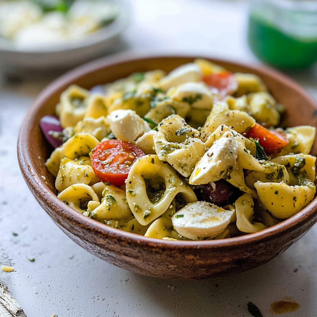 Recipe preparation for pesto tortellini pasta salad